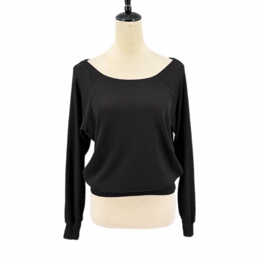 Lanston Black Ribbed Relaxed Slouchy Basic Casual Everyday Pullover Sweatshirt
